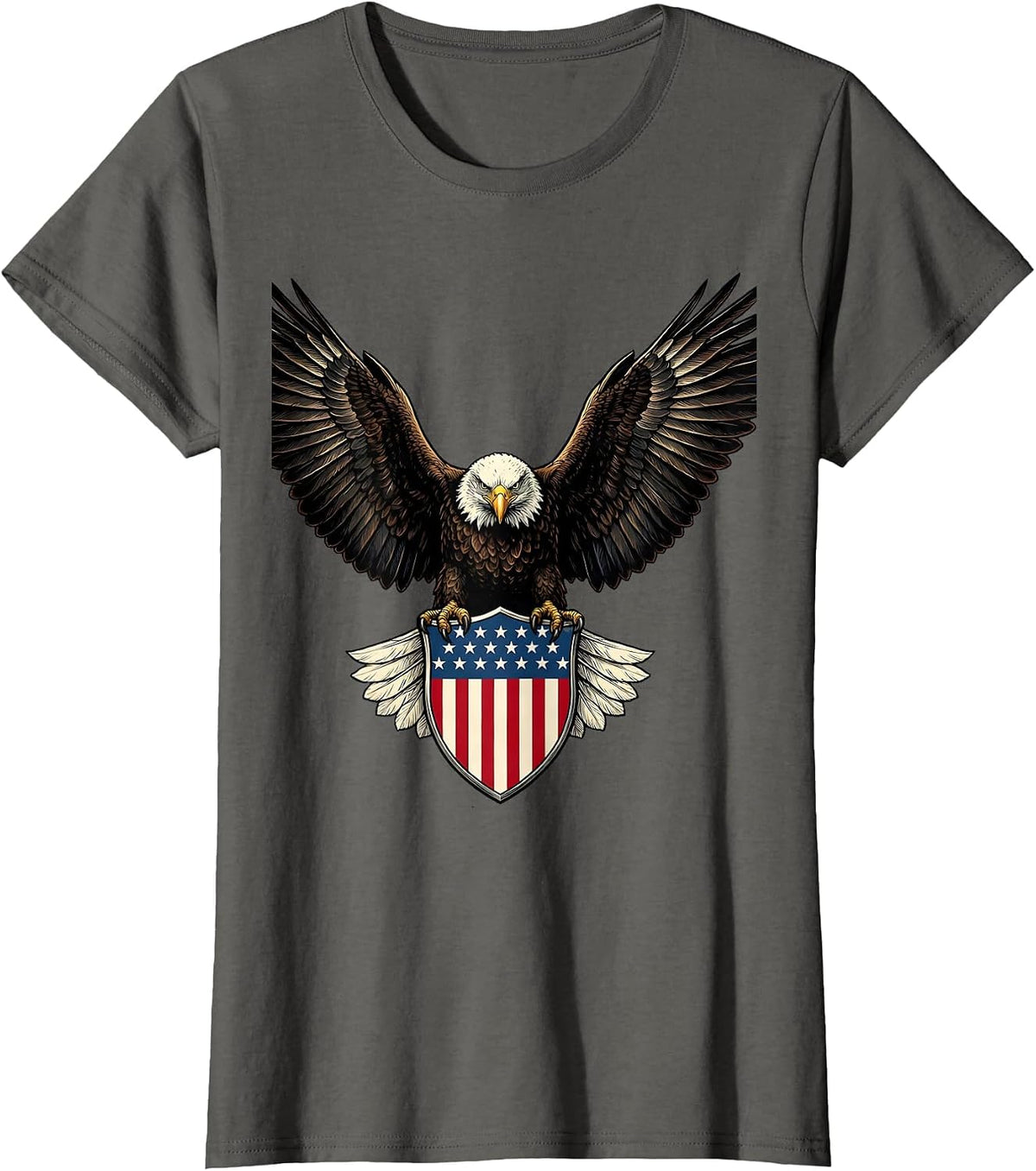 Women's Bald Eagle American Flag Shield Patriotic Tee T-Shirt - Asphalt Grey
