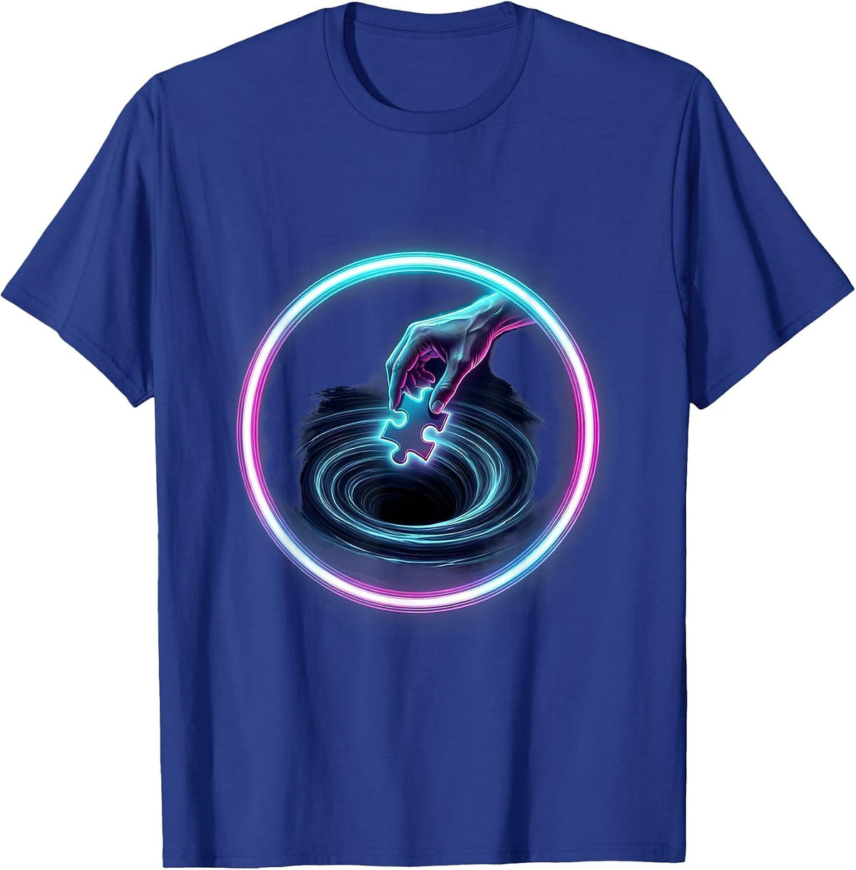 Hand Dropping Puzzle Piece Into Dark Void Graphic T-Shirt - Royal Blue