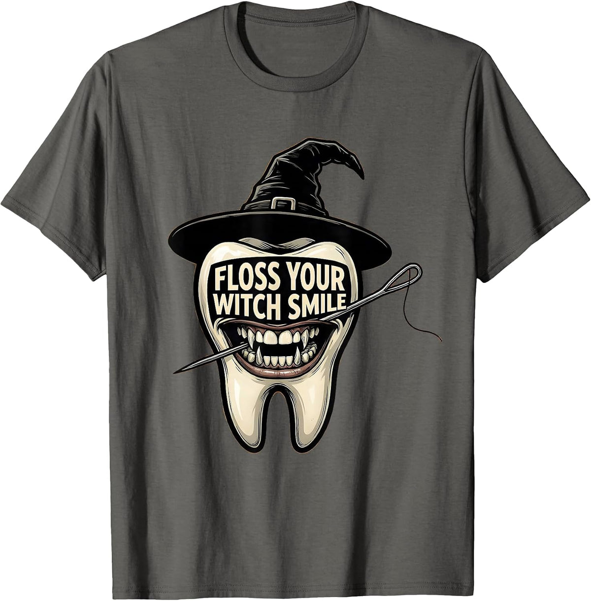 Men's Floss Your Witch Smile Funny Dental Hygienist Halloween T-Shirt - Asphalt Grey