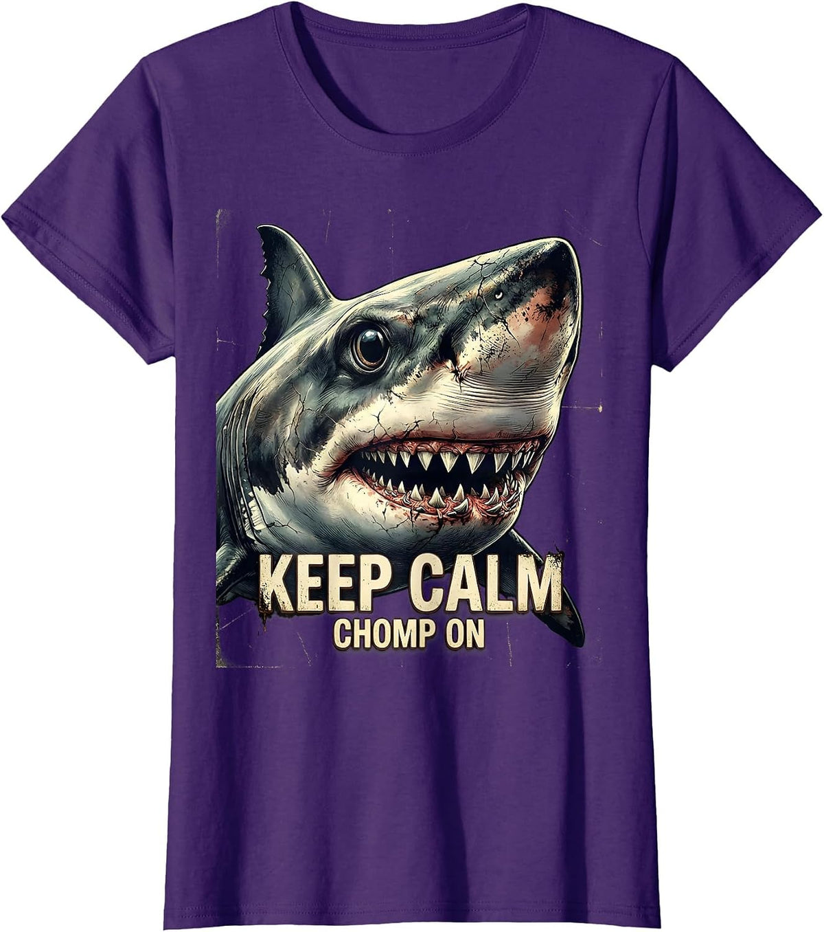 Women's Keep Calm Chomp On Distressed Shark Lover Ocean Humor T-Shirt - Purple