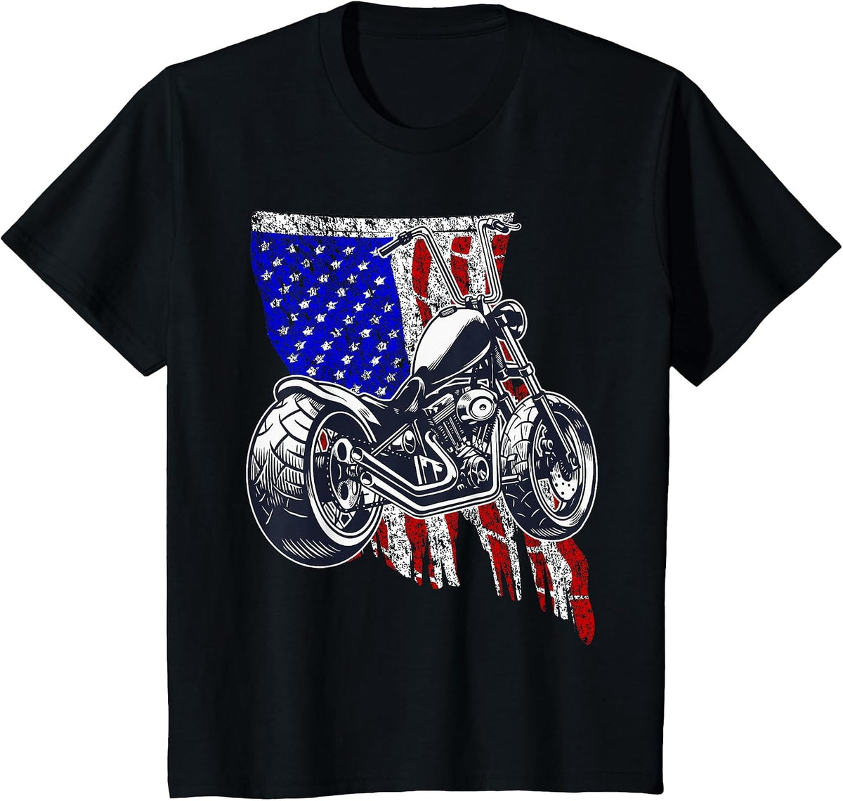 Bobber Motorcycle July 4 Veteran Memorial Day American Flag T-Shirt - Black