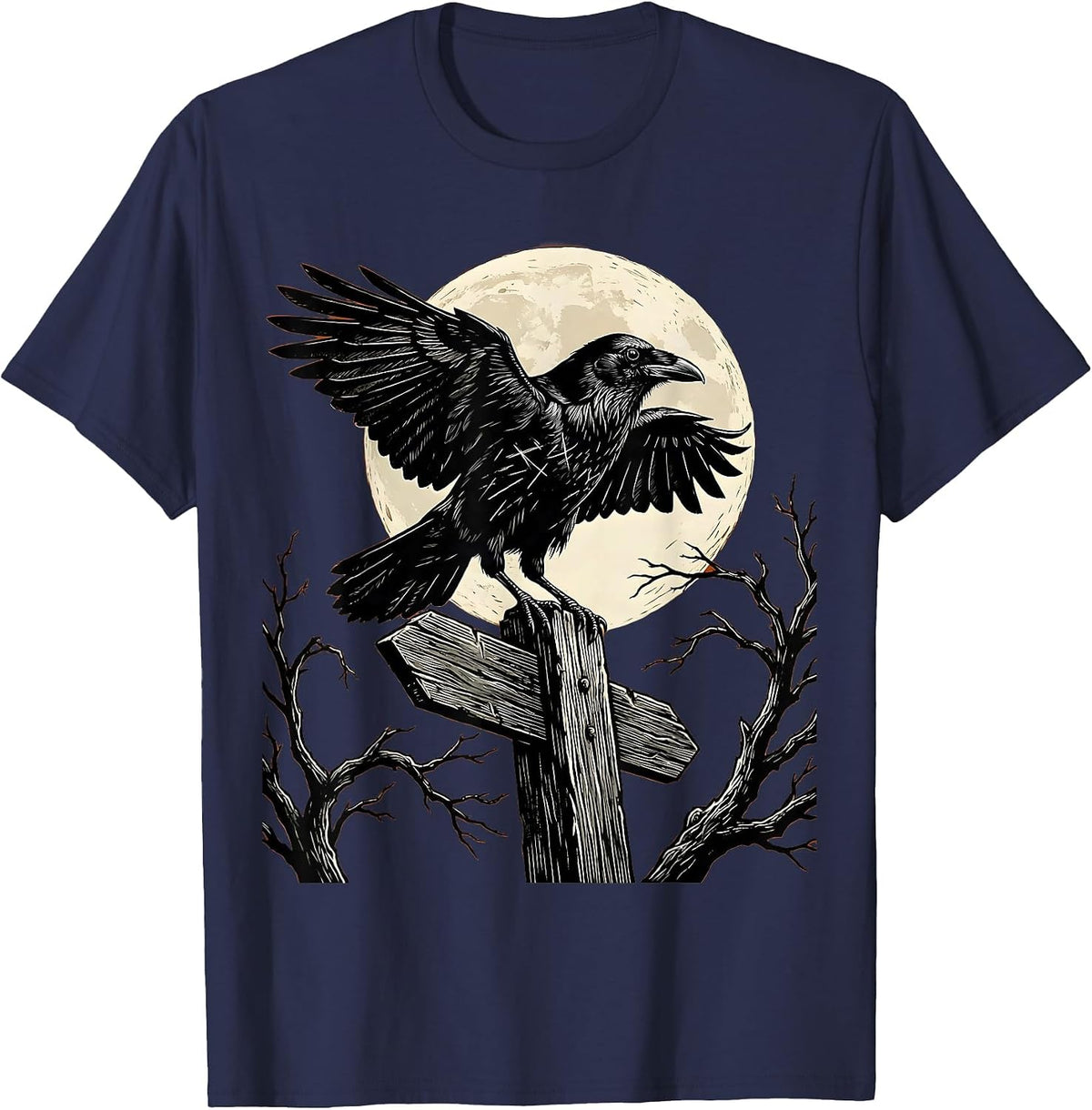 Men's Raven on Salem Sign Post Illustration T-Shirt - Navy Blue