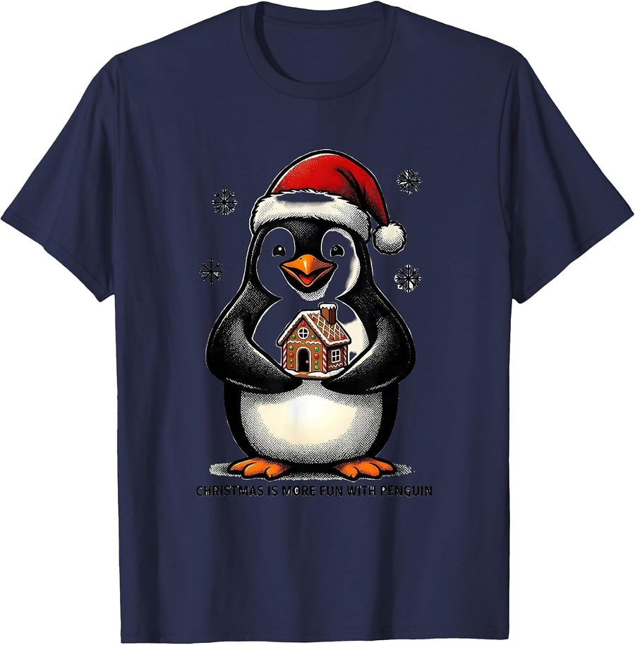 Christmas Is More Fun With Penguin Funny Penguin Lover T-Shirt - Navy Blue