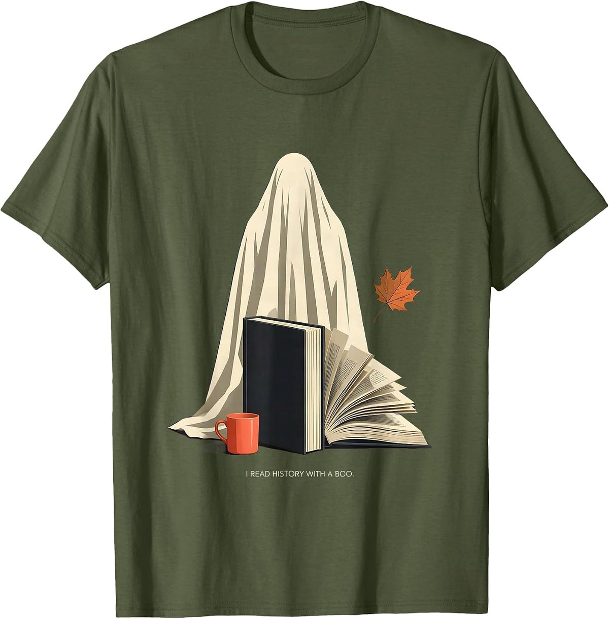 Men's I Read History With A Boo Midcentury Modern Bookish Ghost T-Shirt - Olive Green