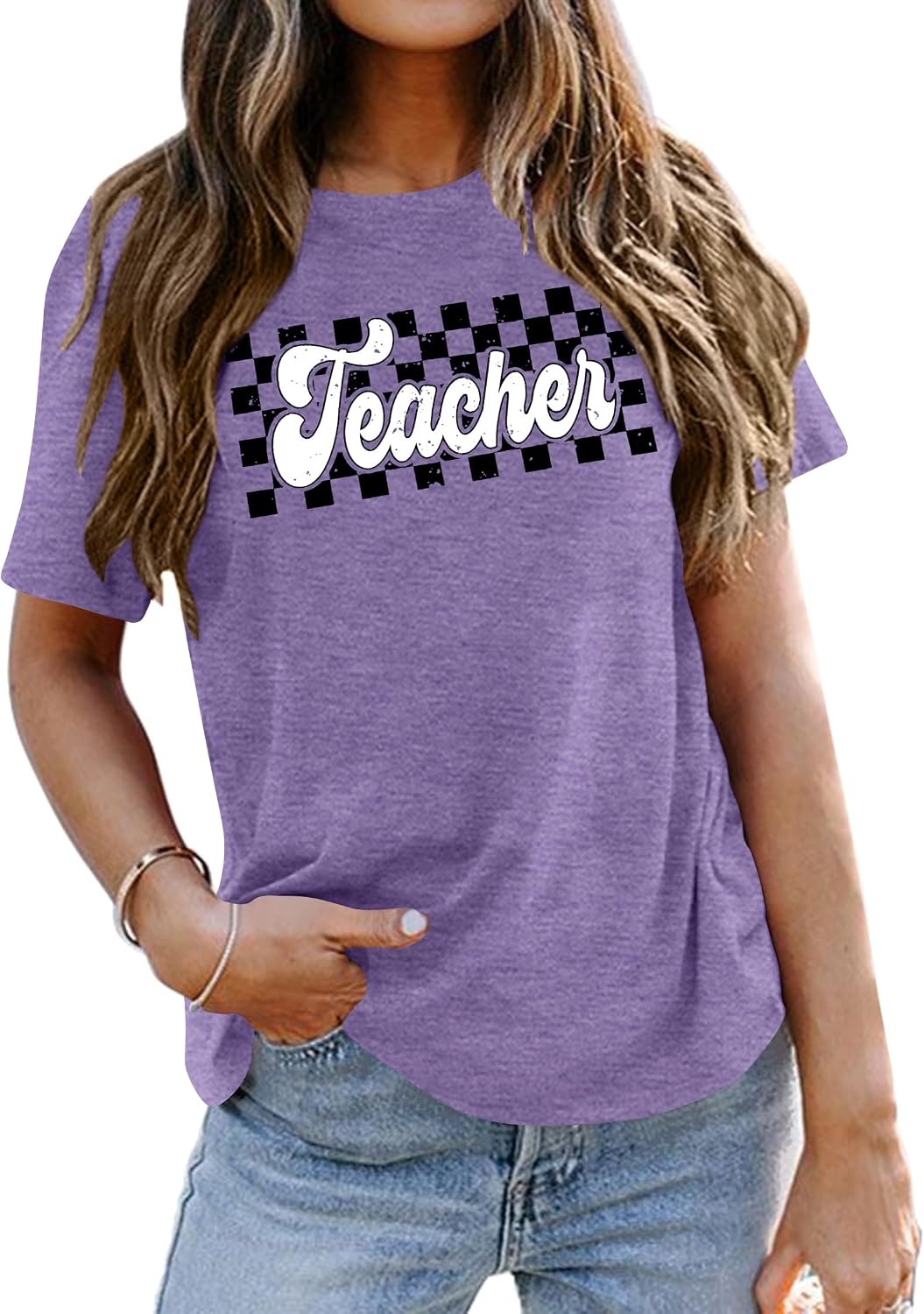 Teacher Shirts Women Vintage Teacher Graphic Tshirt Teacher Life T Shirt Kindergarten Teachers Tees Casual Tops - Purple
