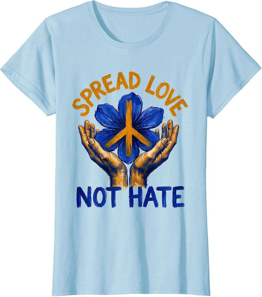 Women's Spread Love Not Hate Hippie Groovy Design T-Shirt - Baby Blue