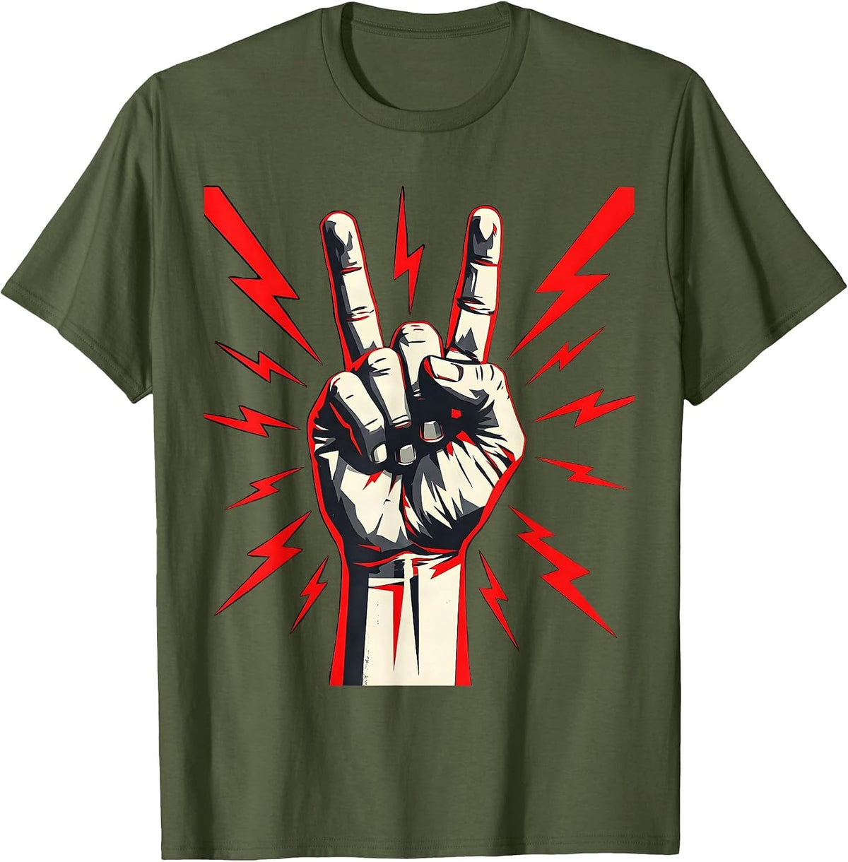 Men's 90s Band Devil Horns Rock Hand Gesture Graphic T-Shirt - Olive Green