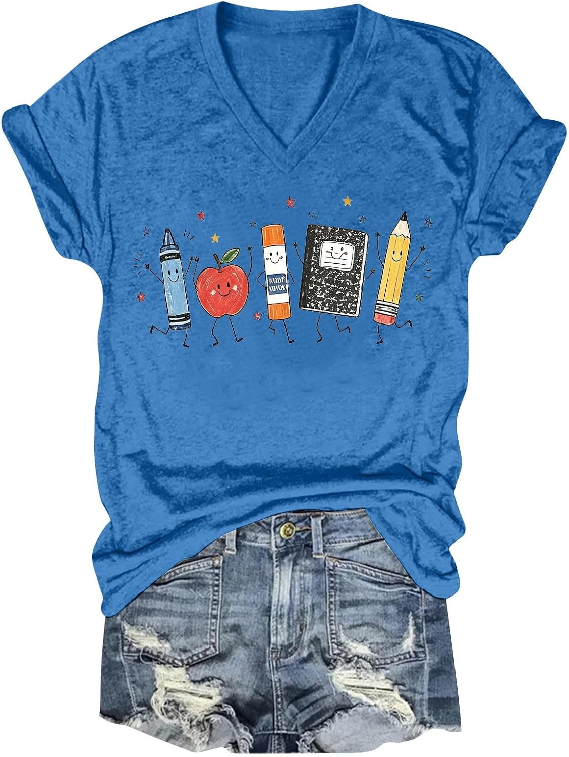 Back to School Supplies Graphic T-Shirt Teacher Life Shirt for Women - Sky Blue
