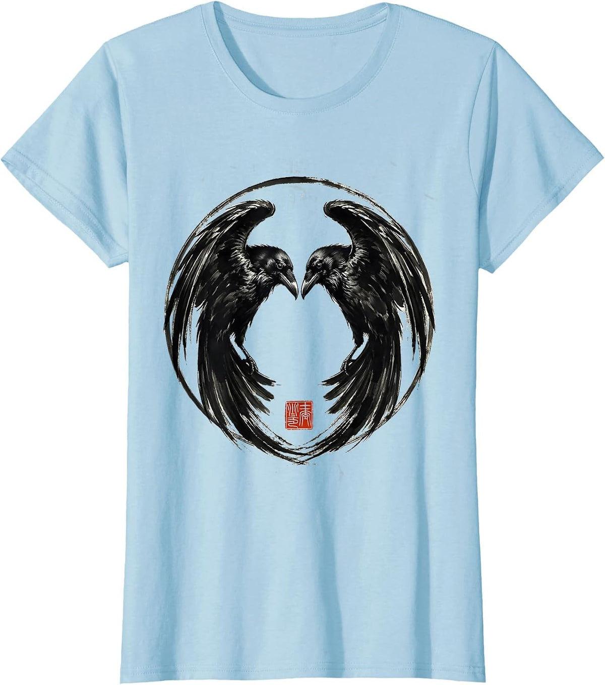 Twin Ravens Symmetrical Mirror Design T-Shirt - Baby Blue