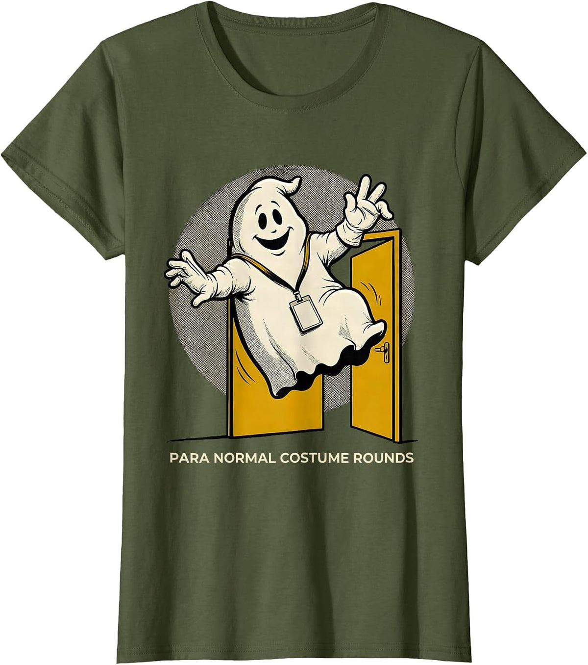 Women's Para Normal Costume Rounds Retro Cartoon Ghost Paraeducator T-Shirt - Olive Green