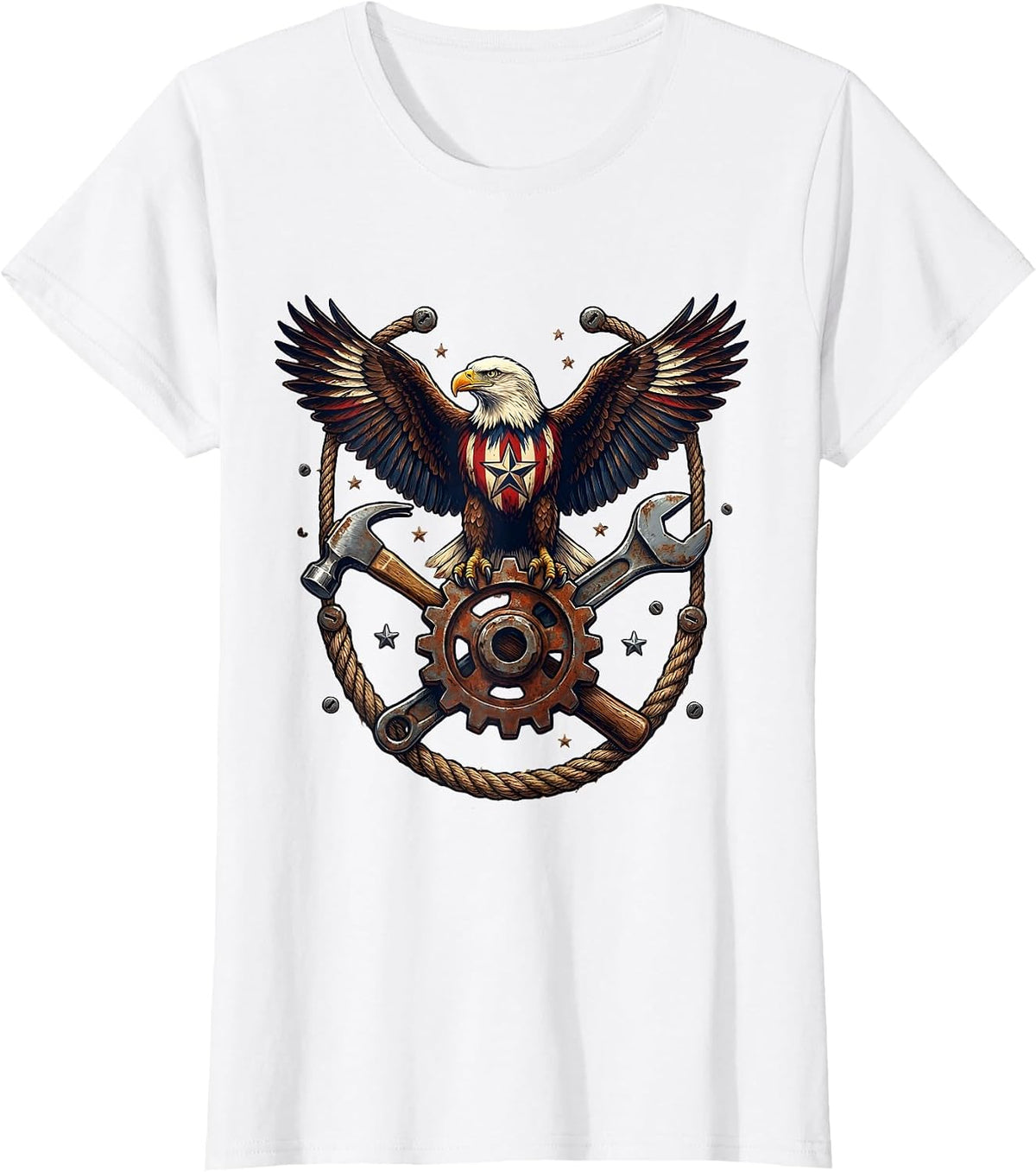Labor Day Eagle Crossed Tools and Gear Graphic T-Shirt - White