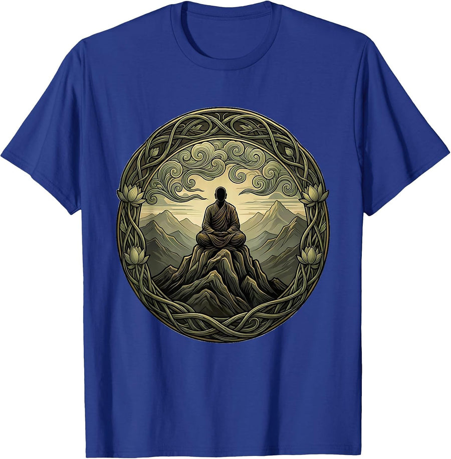 Monk Meditating Mountain Peak Silhouette T-Shirt - Royal Blue