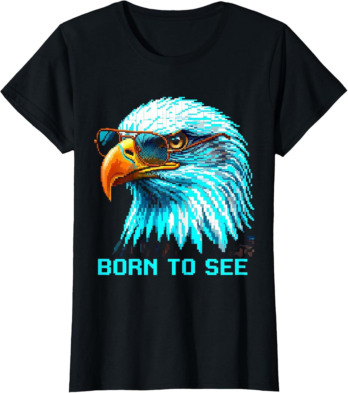 Women's Born To See Pixel Art Bald Eagle Wildlife Lover Pride Kids T-Shirt - Black