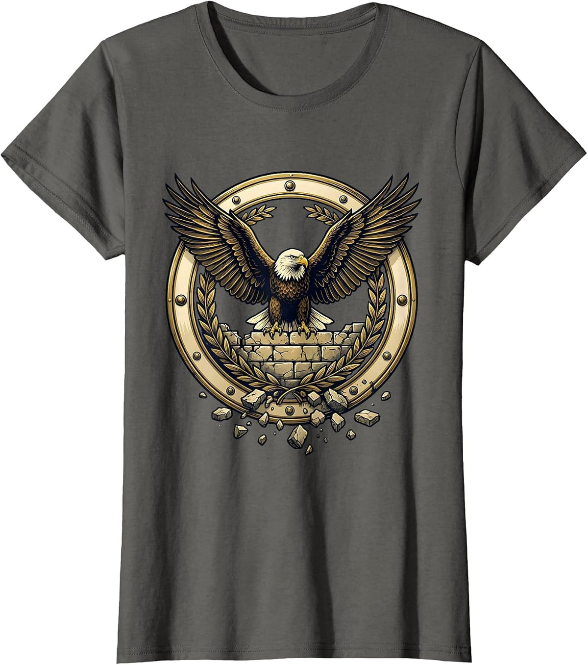 Women's Bald Eagle Perched on Crumbling Wall Patriotic Art T-Shirt - Asphalt Grey