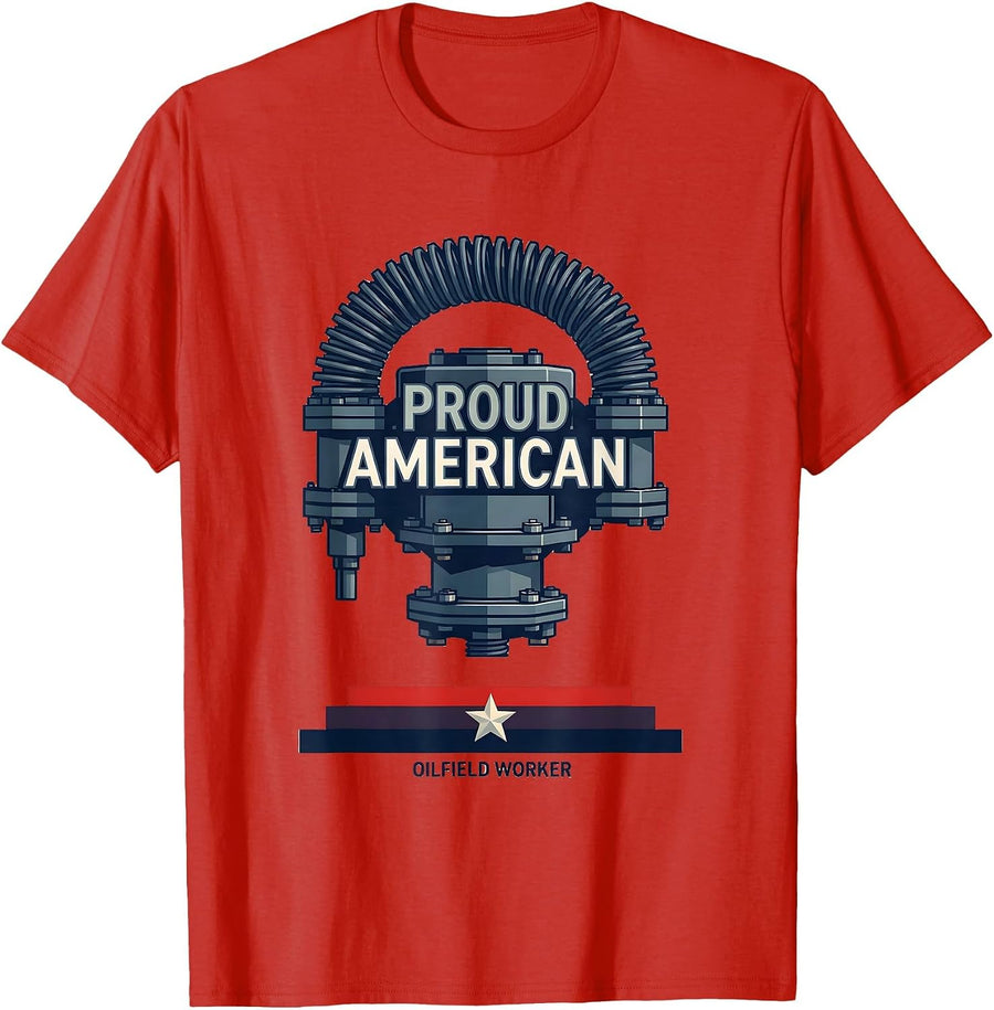 Men's Proud American Oilfield Worker Flat Vector Patriotic T-Shirt - Red