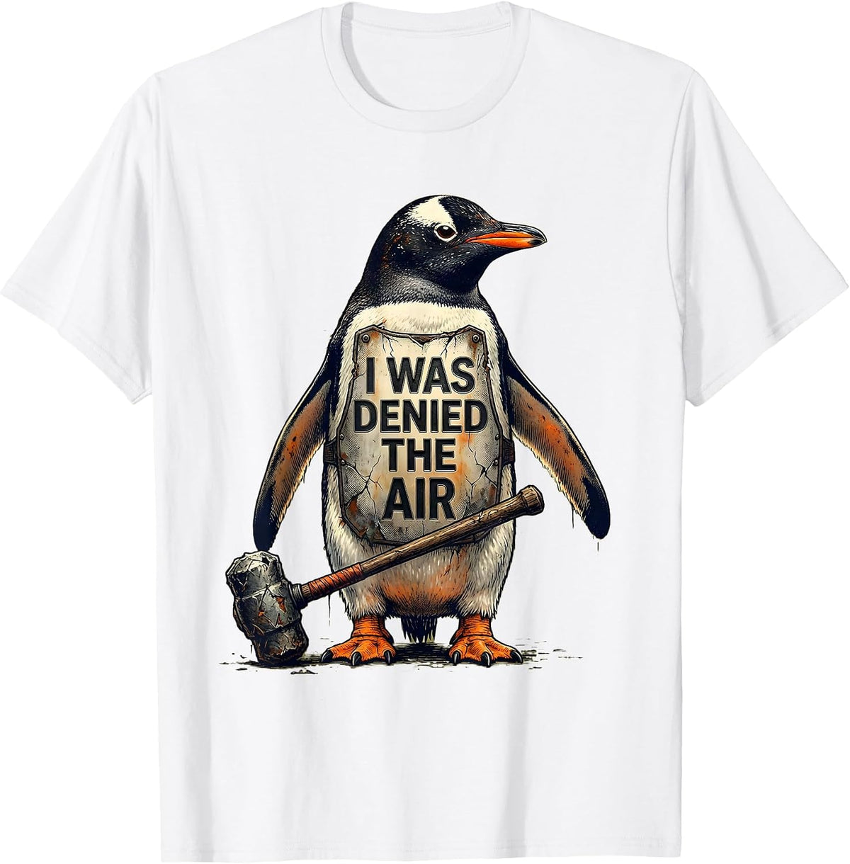 Men's I Was Denied The Air Distressed Penguin Funny Bird Meme T-Shirt - White