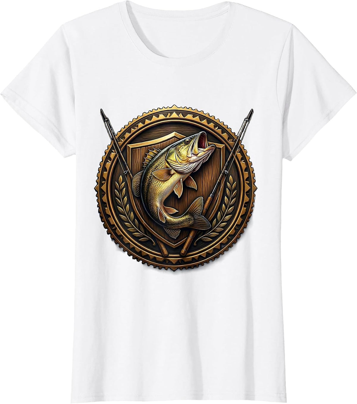 Trophy Bass Mounted on Plaque Fishing Graphic T-Shirt - White