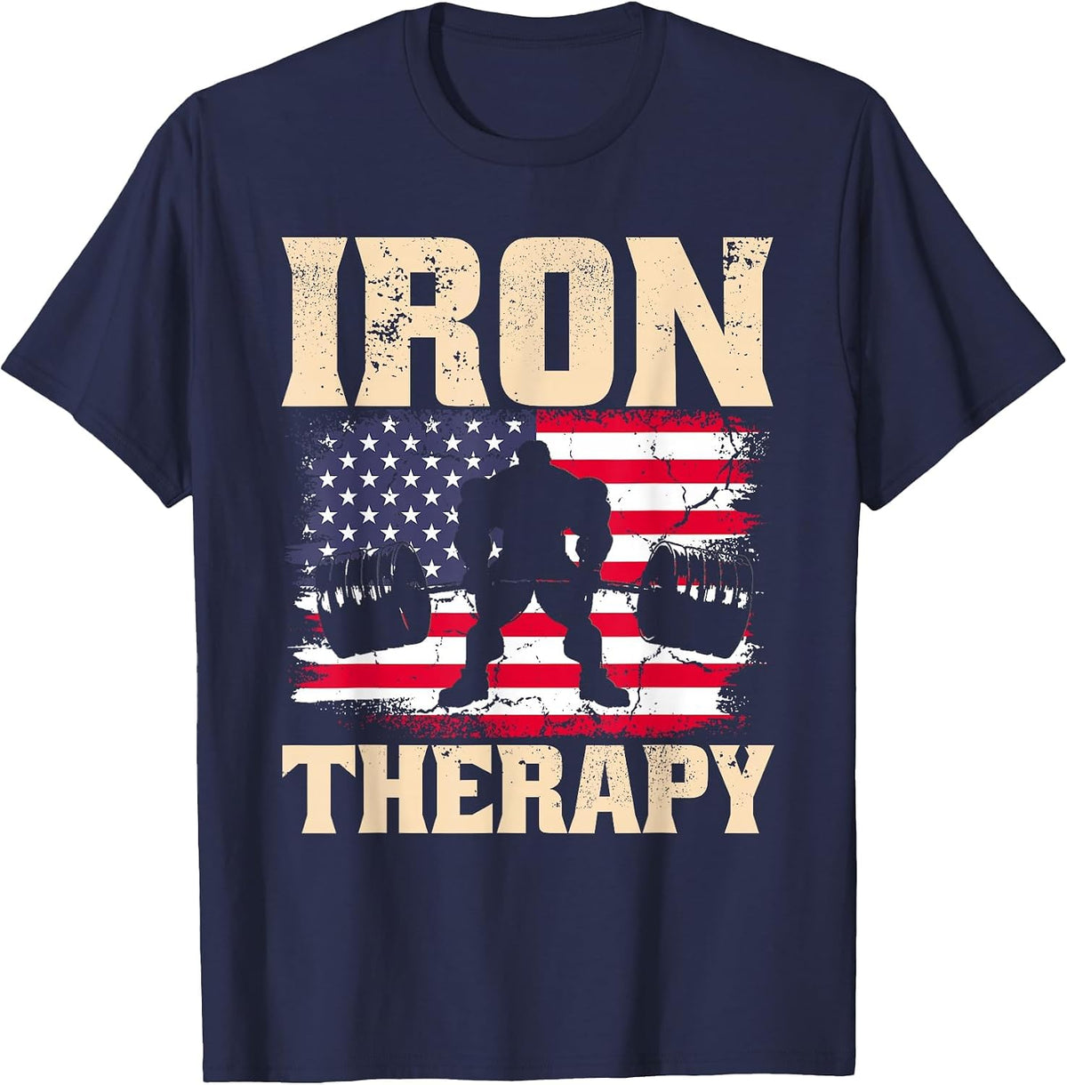 Iron Therapy Gym Deadlift Powerlift with USA American Flag T-Shirt - Navy Blue