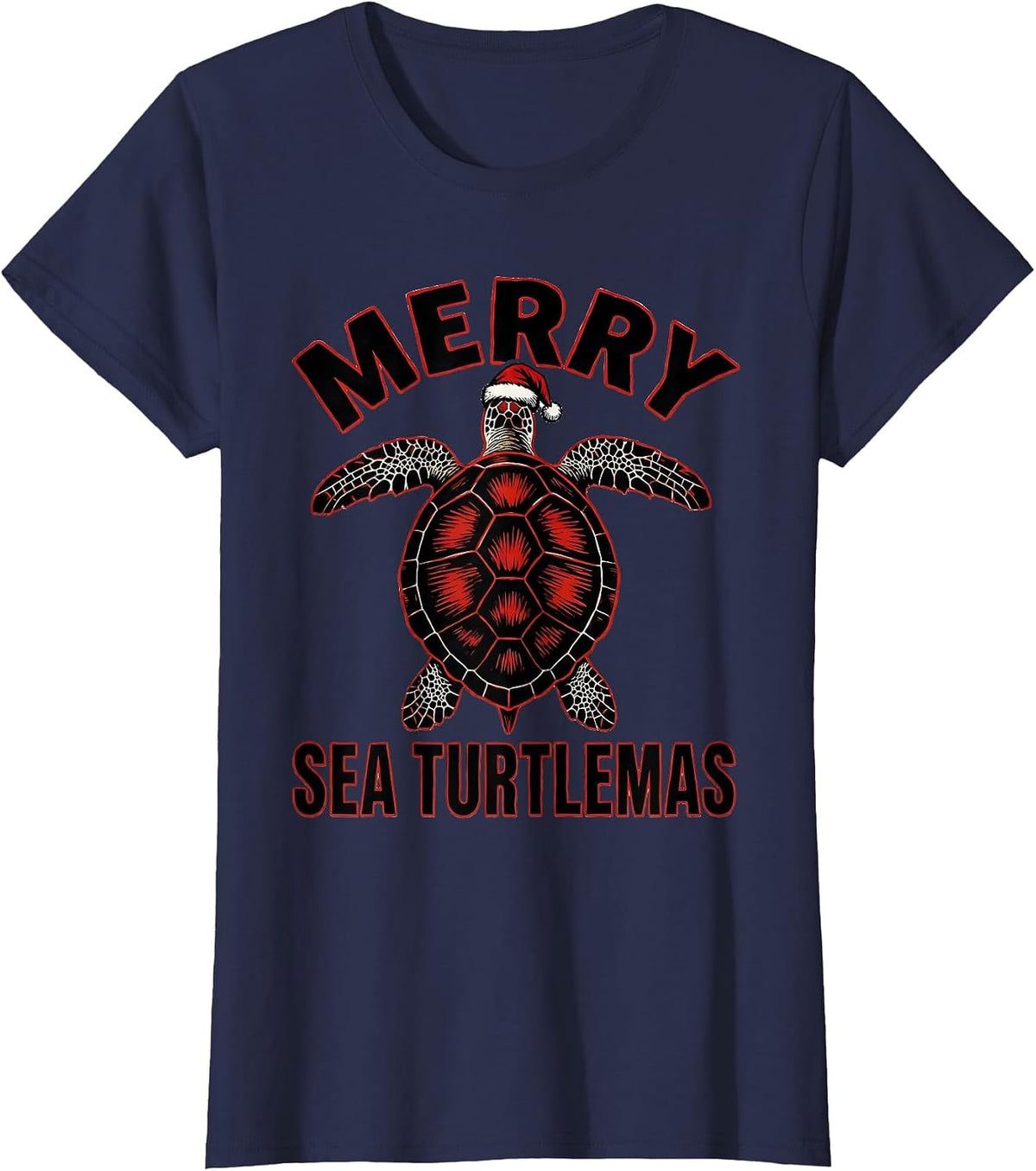 Women's Merry Sea Turtlemas Whimsical Sea Turtle Lover Christmas T-Shirt - Navy Blue