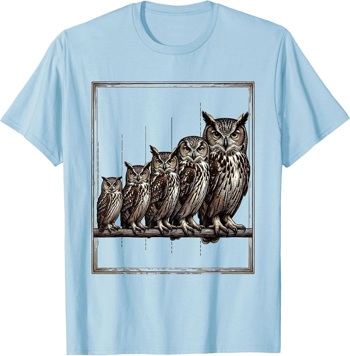 Men's Five Owl Silhouettes Crosshatch Etching Bird Lover Gift T-Shirt - Baby Blue