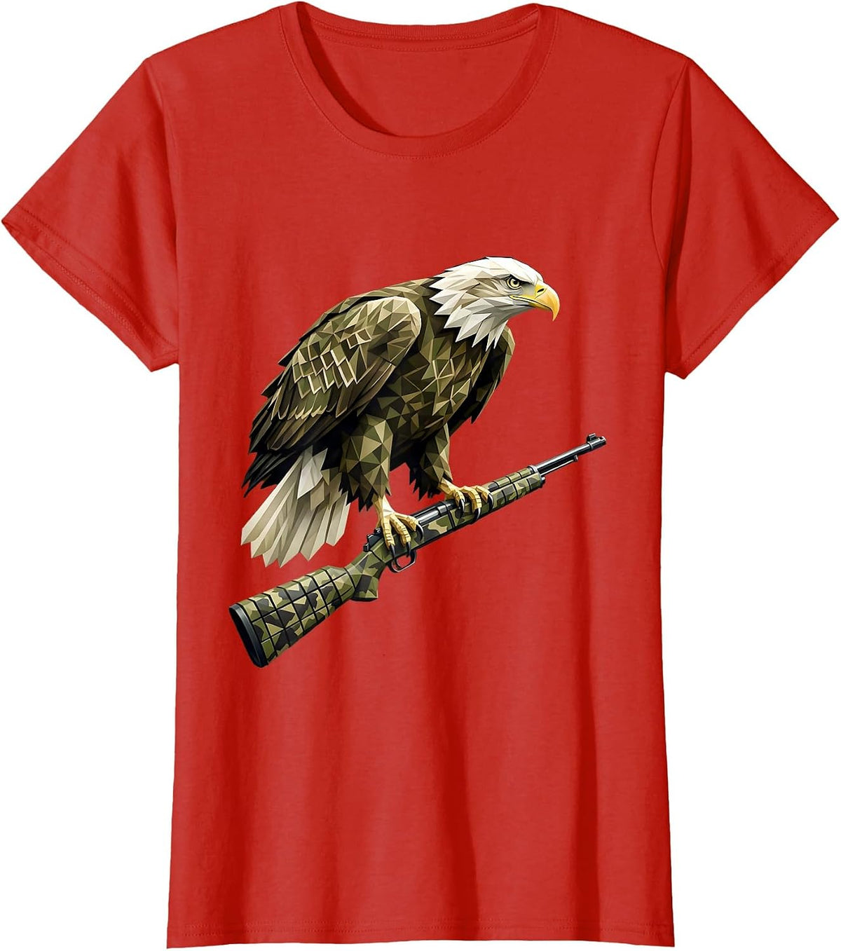 Camo Bald Eagle Perched on Rifle Barrel T-Shirt - Red