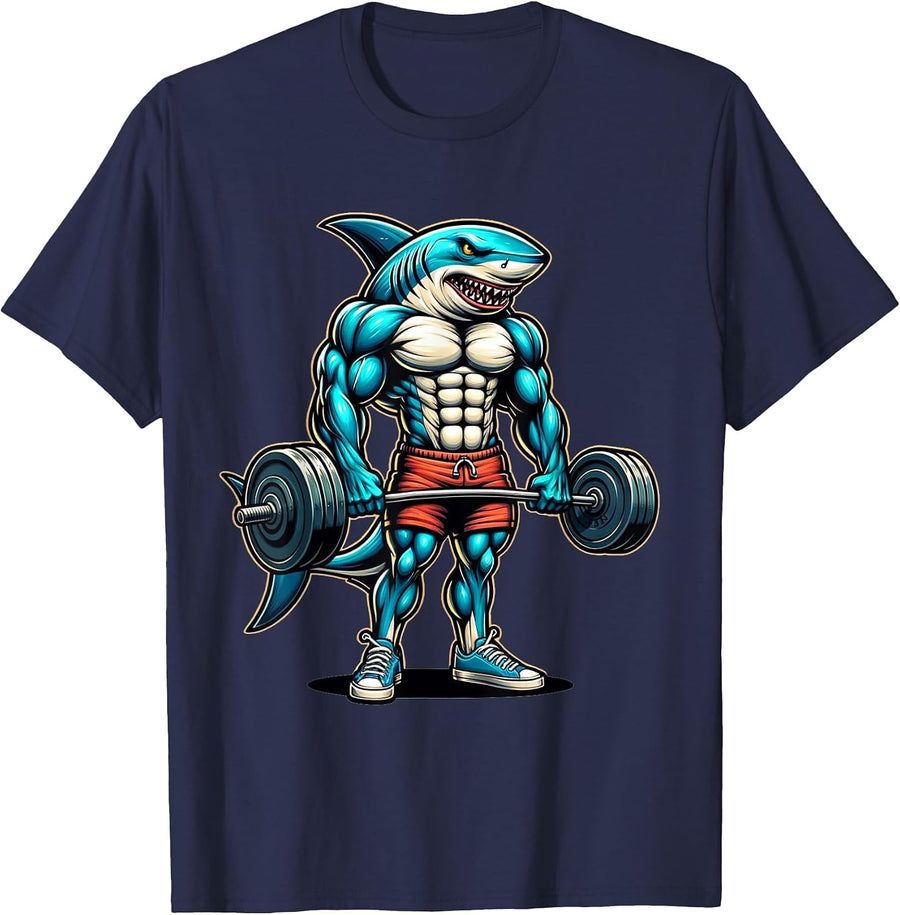 Funny Cool Shark Weightlifting Bodybuilder Muscle Fitness T-Shirt - Navy Blue