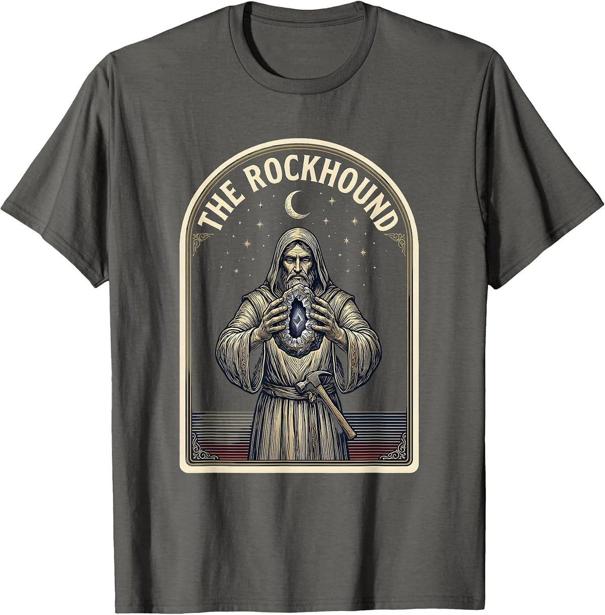 Men's The Rockhound Occult Emblem Hobbyist Tarot Card Humor T-Shirt - Asphalt Grey