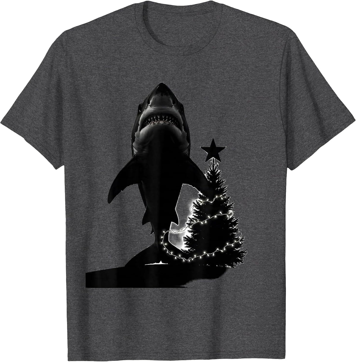 Men's Shark Silhouette Christmas Lights Star and Tree Funny T-Shirt - Dark Heather Grey