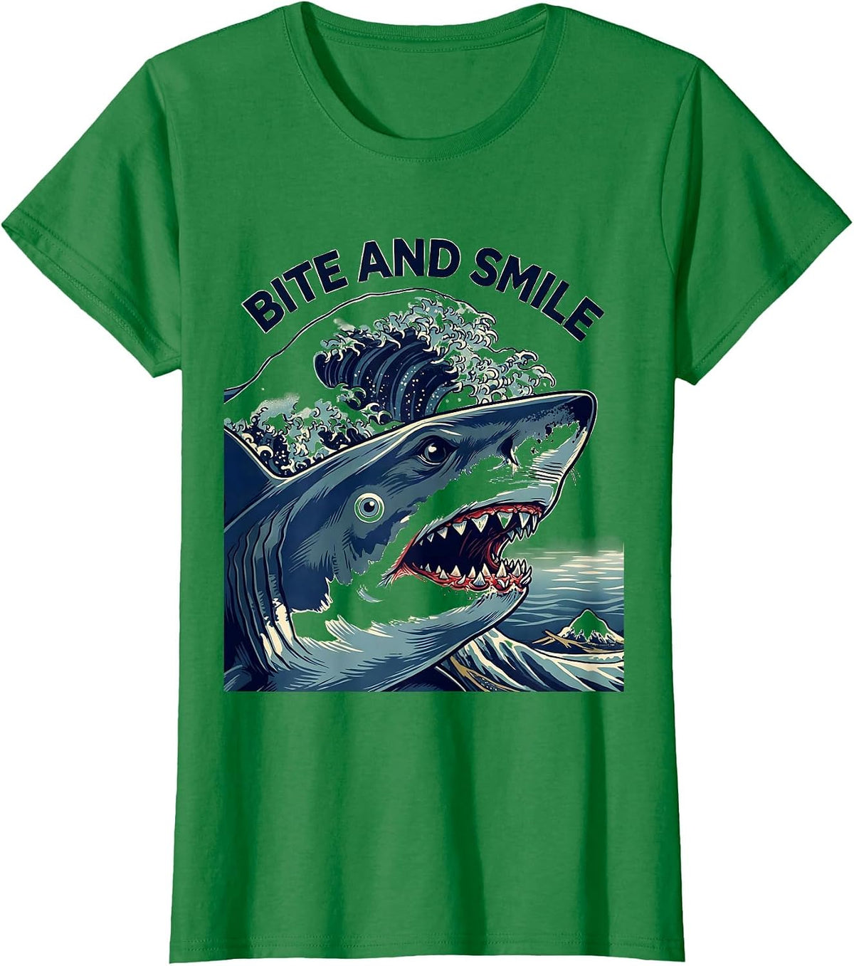 Bite And Smile Ukiyo-e Shark Lover Wildlife Humor Gift T-Shirt - Kelly Green