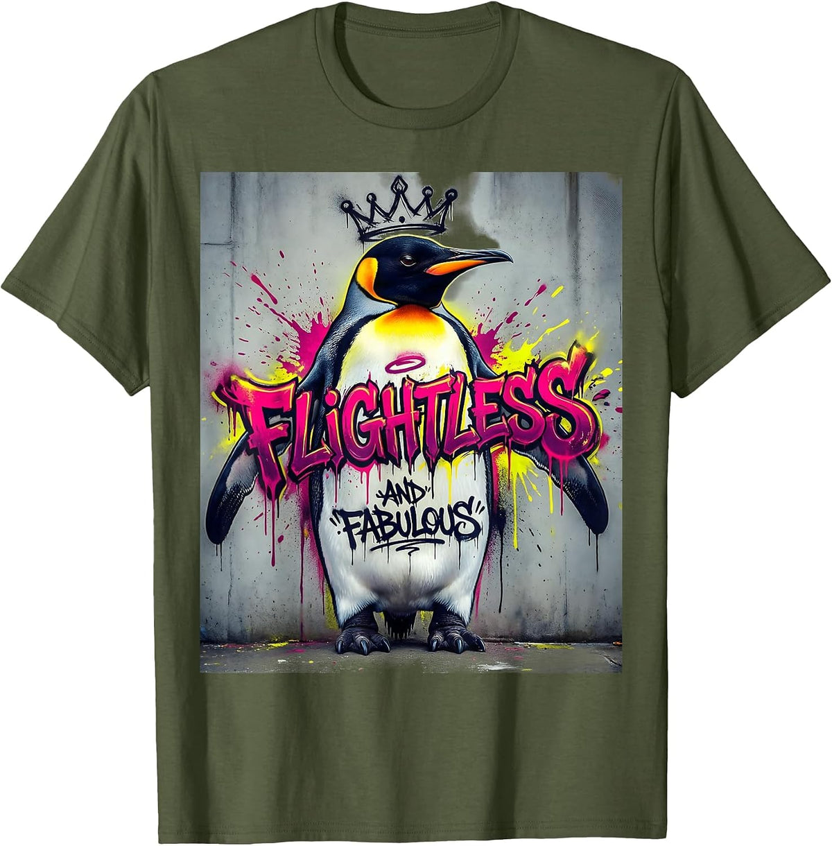 Men's Flightless and Fabulous Penguin Design T-Shirt - Olive Green