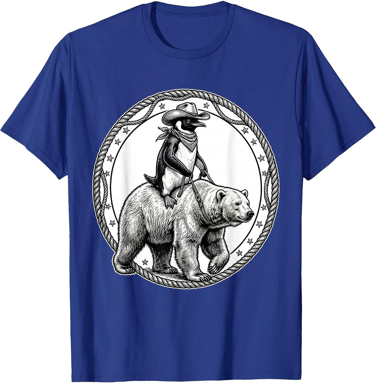 Men's Penguin Cowboy Riding Polar Bear Illustration T-Shirt - Royal Blue