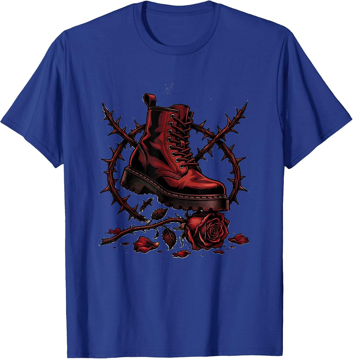 Grunge Combat Boot Crushing Wilted Flower Art T-Shirt - Royal Blue