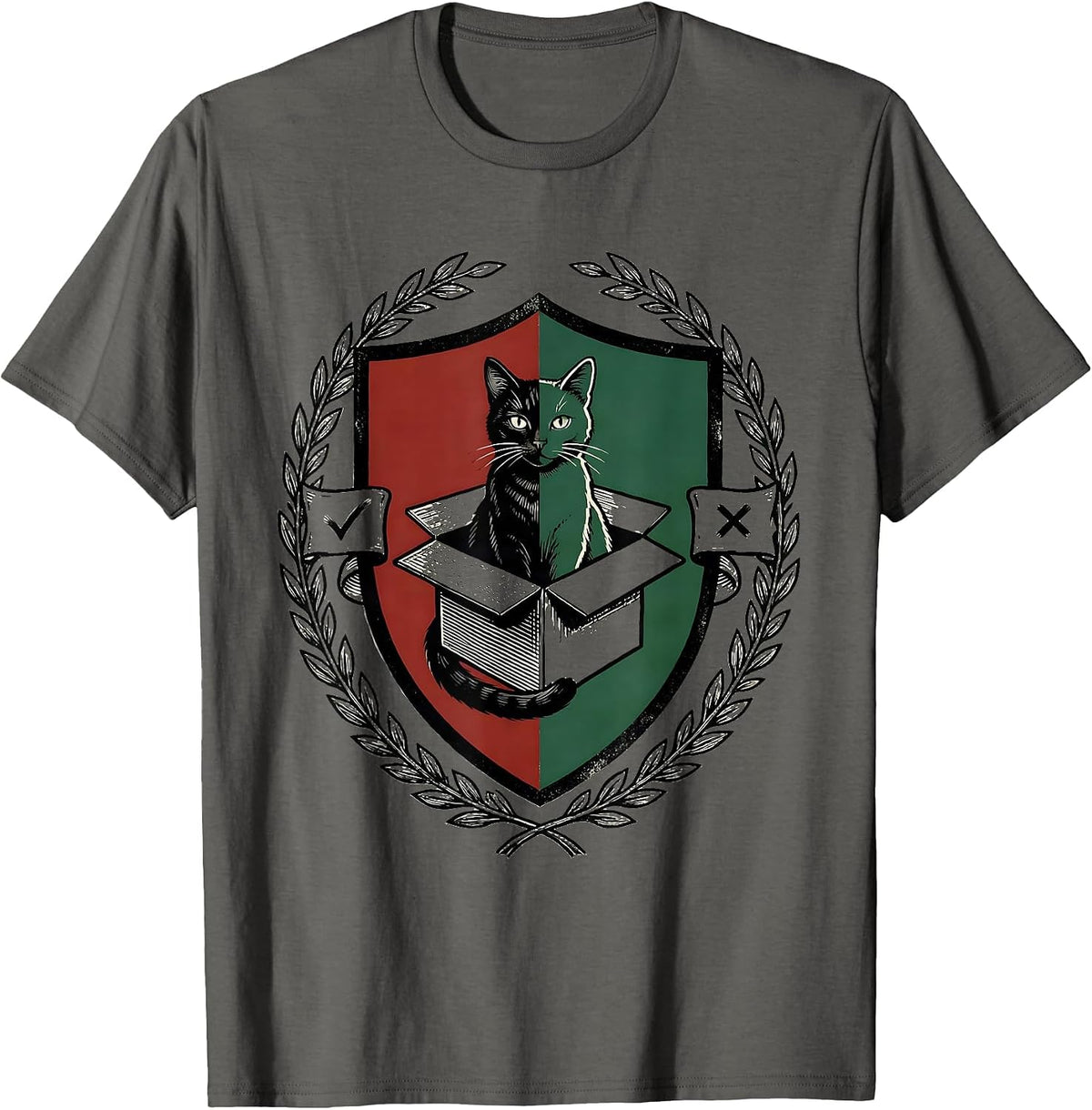 Schrödinger Cat Quantum Physics Humor Emblem T-Shirt - Asphalt Grey