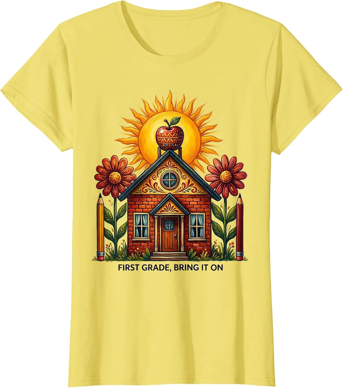 First Grade Bring It On Bold School Design T-Shirt - Lemon Yellow