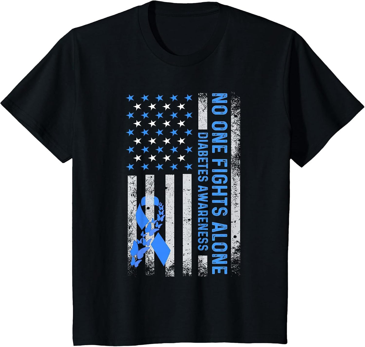 USA American Flag No Fighting Alone Diabetes Awareness T1D T-Shirt - Black
