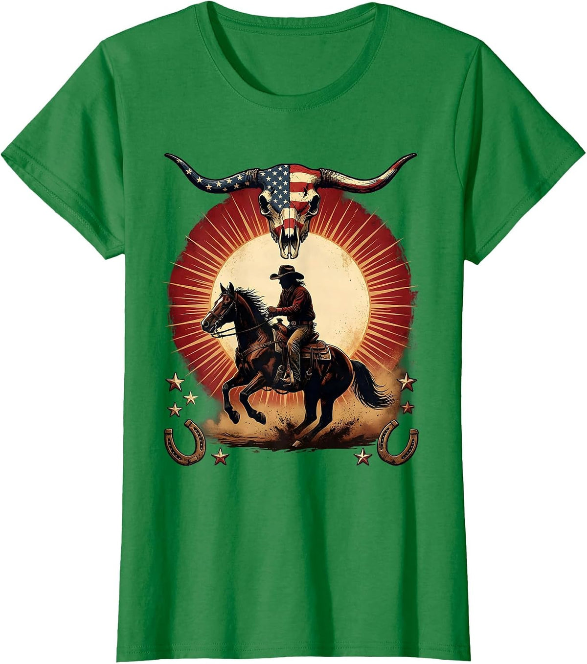 Women's Cowboy Silhouette Riding Horse at Dusk T-Shirt - Kelly Green