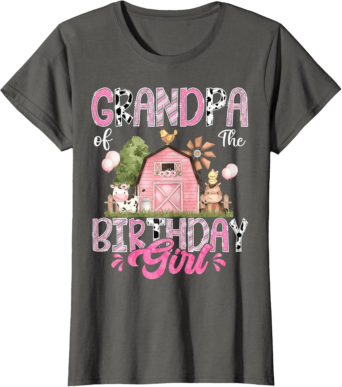 Grandpa of The Birthday Girl 1St Birthday Pink Cow Farm T-Shirt - Asphalt Grey