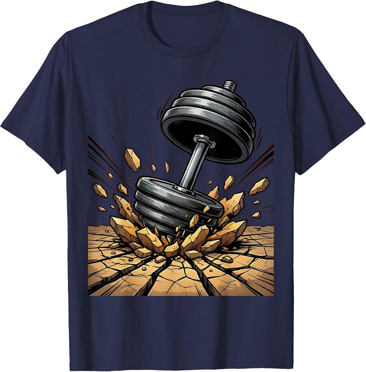 Dumbbell Smashing Through Stone Ground Graphic T-Shirt - Navy Blue