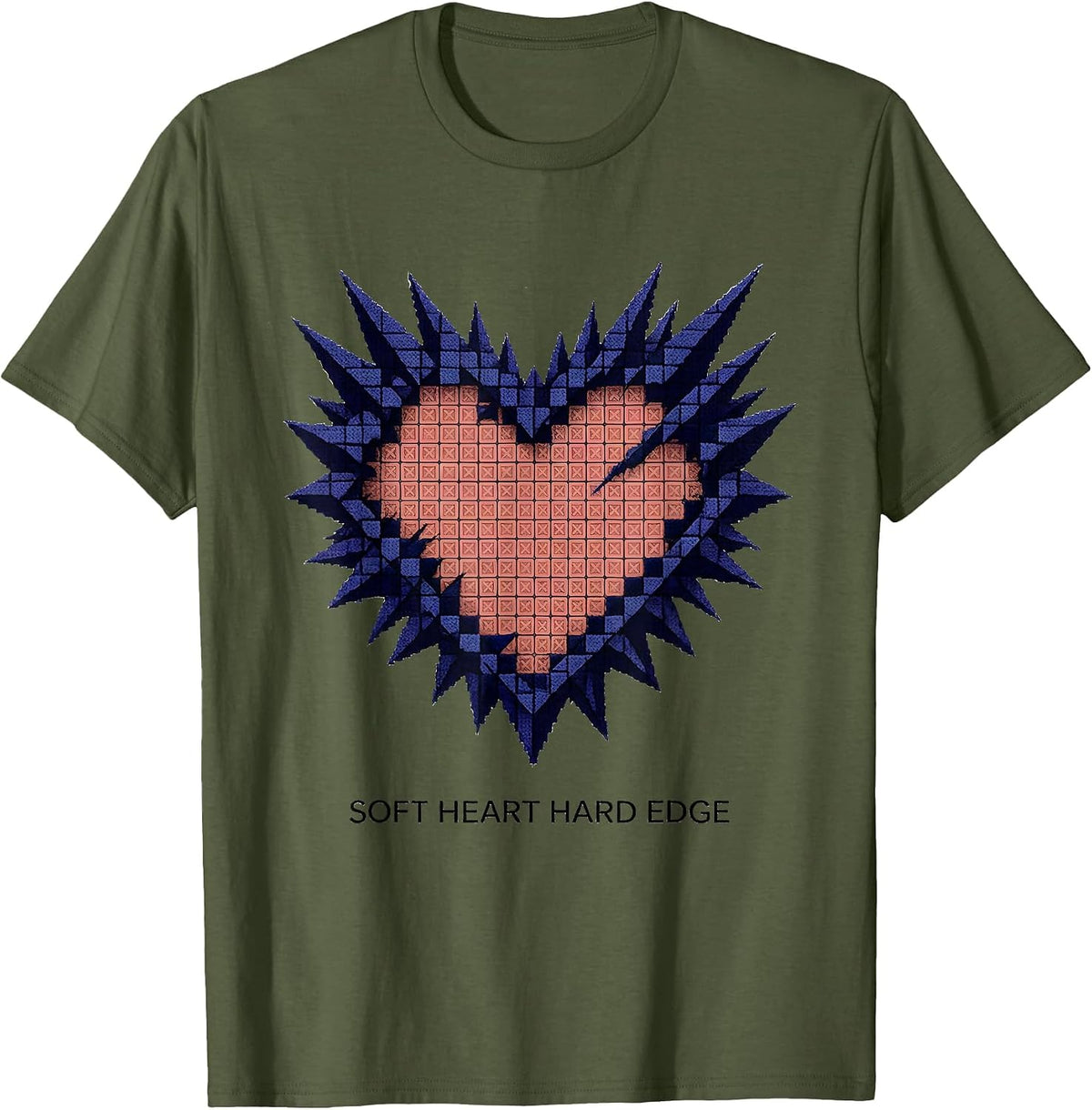 Men's Soft Heart Hard Edge Punk Design T-Shirt - Olive Green