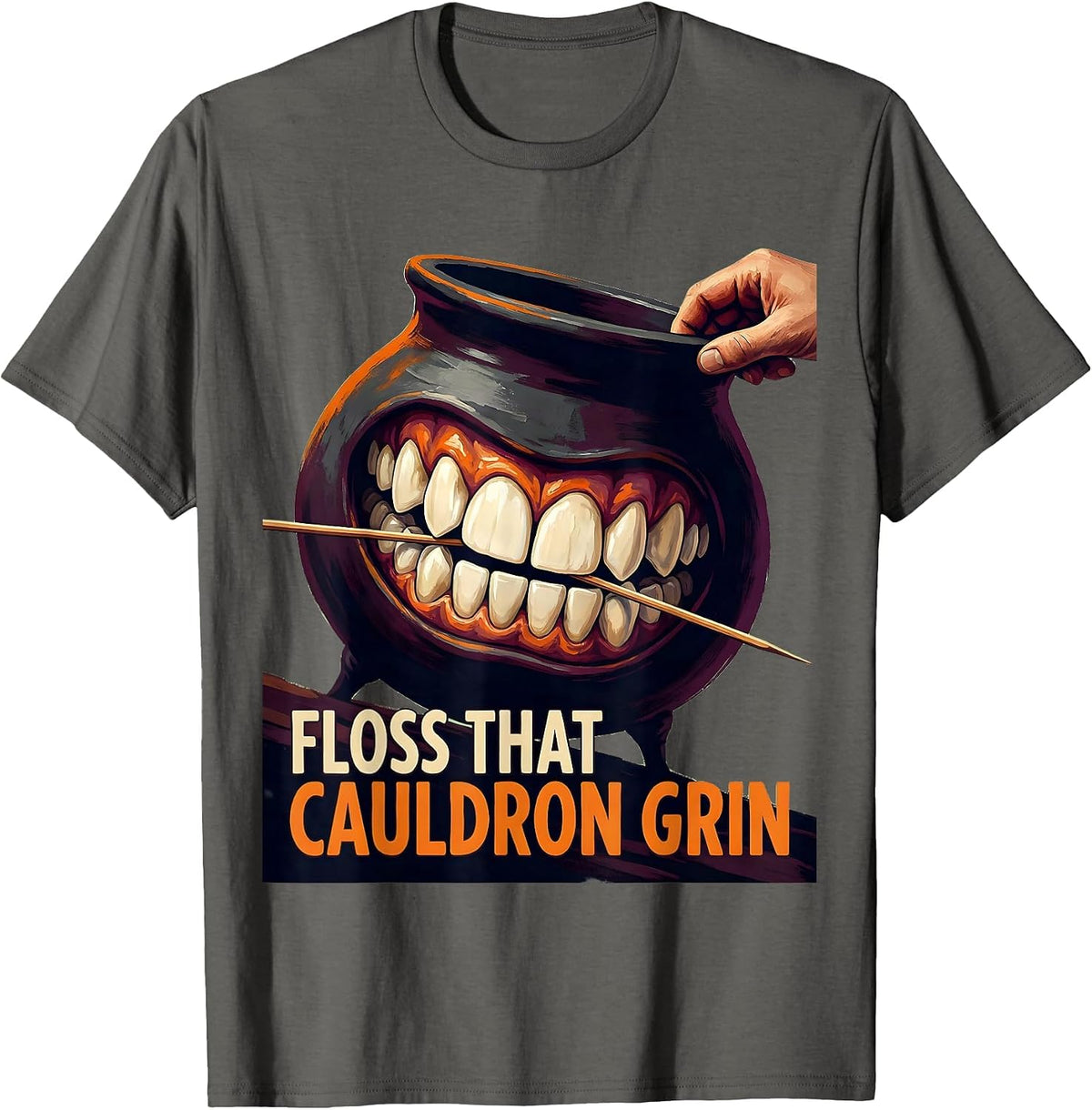 Floss That Cauldron Grin Funny Dental Hygienist Halloween T-Shirt - Asphalt Grey