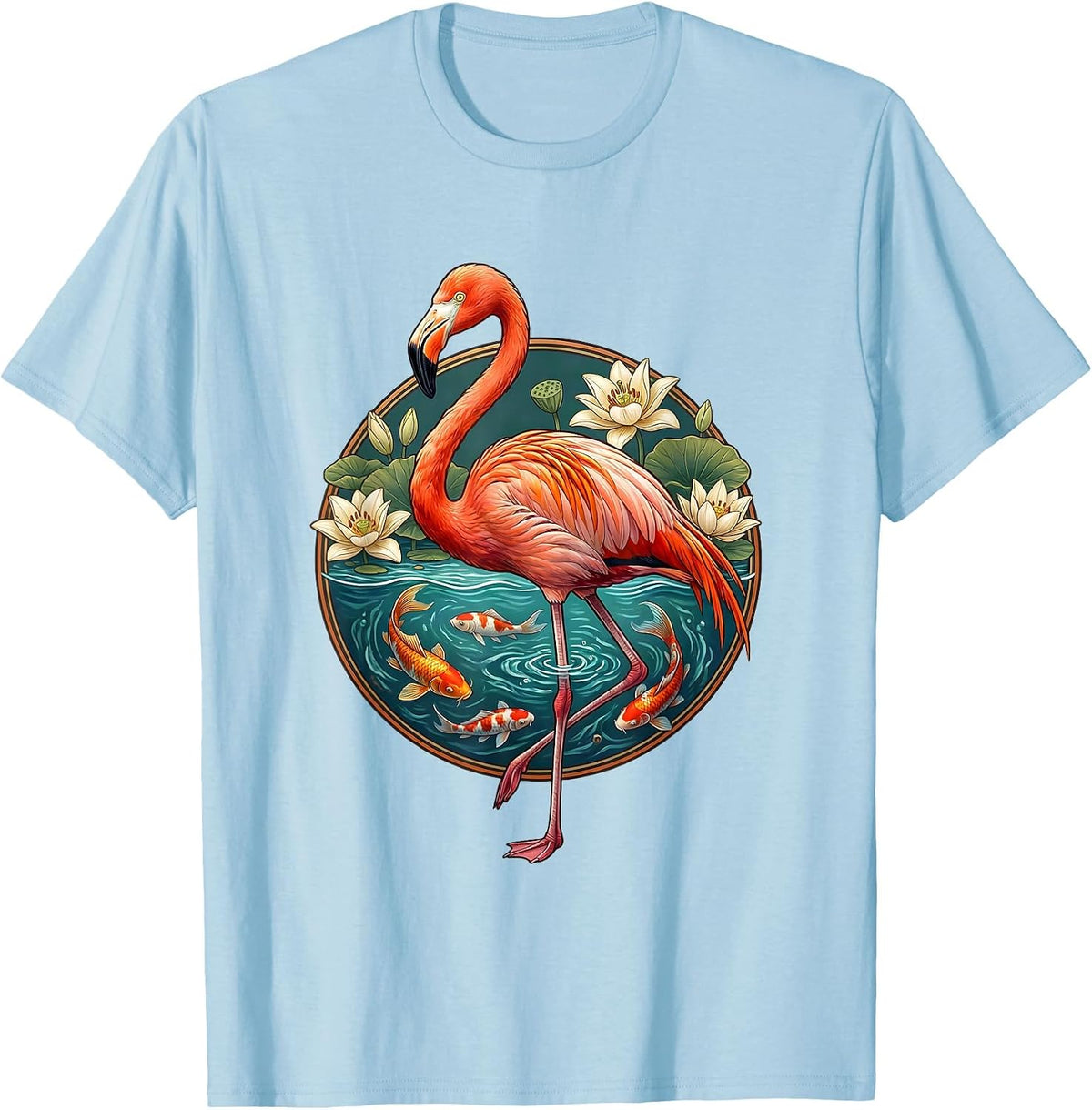 Flamingo and Koi Fish Harmony Graphic Design T-Shirt - Baby Blue