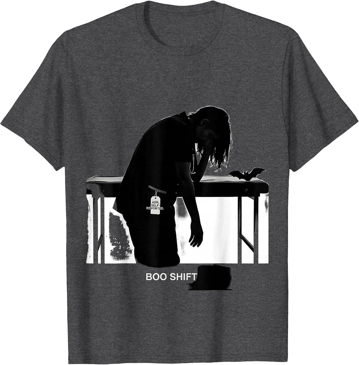 Men's ADR Self-Reported Boo Shift Funny Vet Tech Halloween T-Shirt - Dark Heather Grey