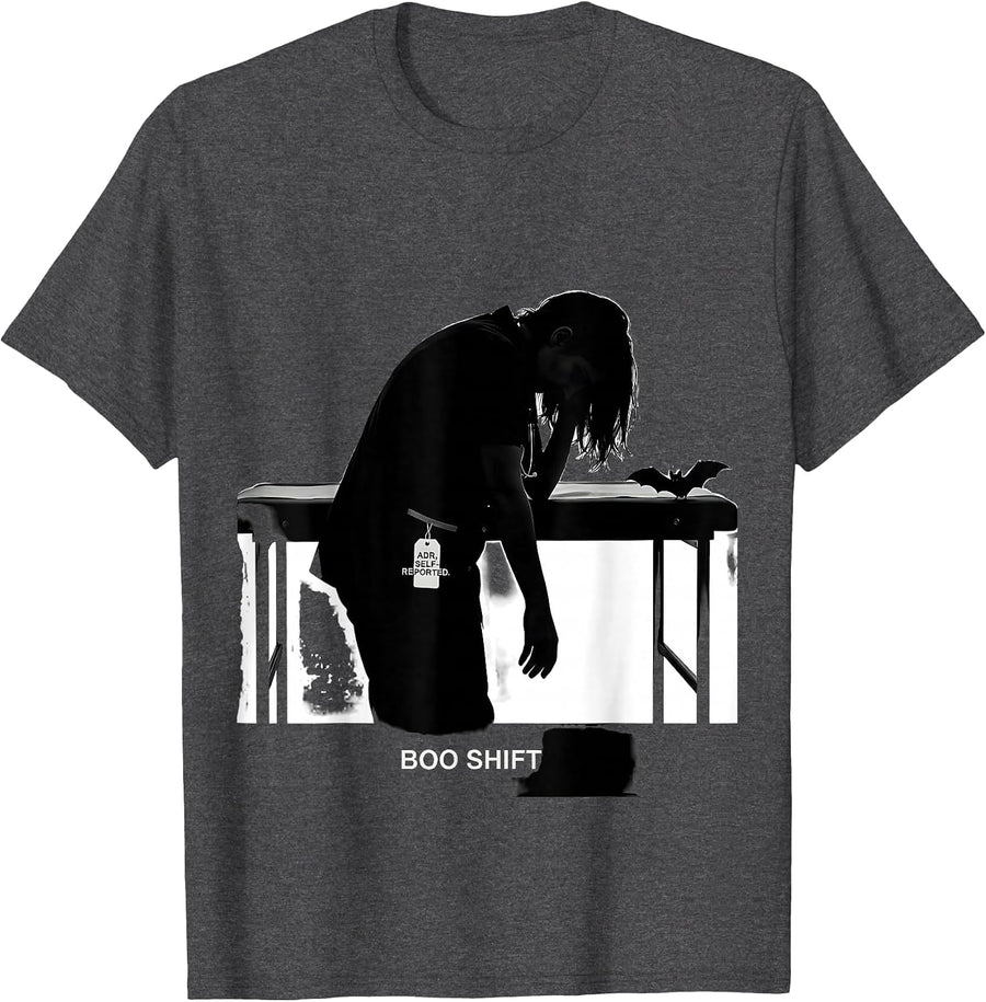 Men's ADR Self-Reported Boo Shift Funny Vet Tech Halloween T-Shirt - Dark Heather Grey