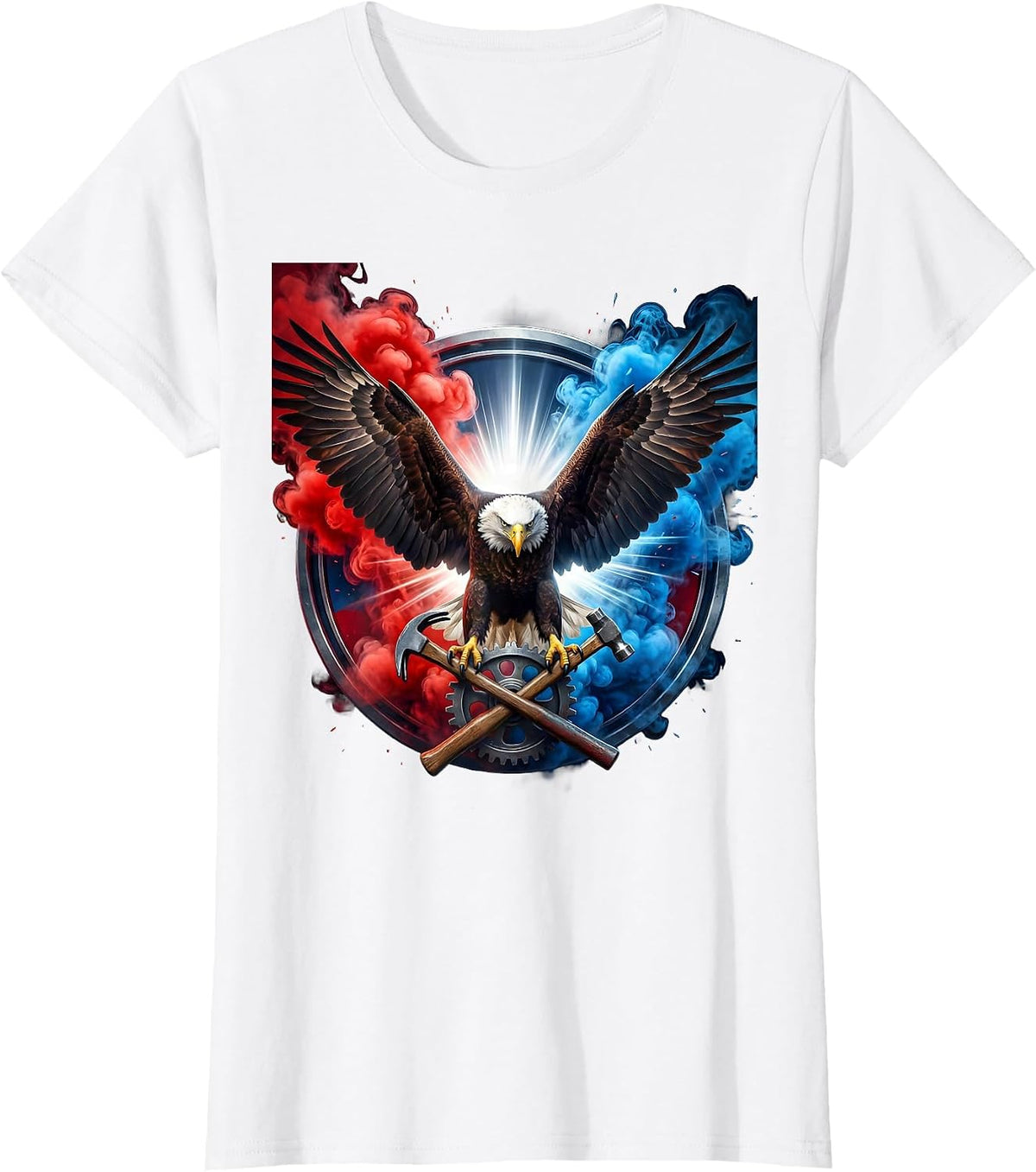 Women's Patriotic Bald Eagle Gear and Hammer Graphic T-Shirt - White