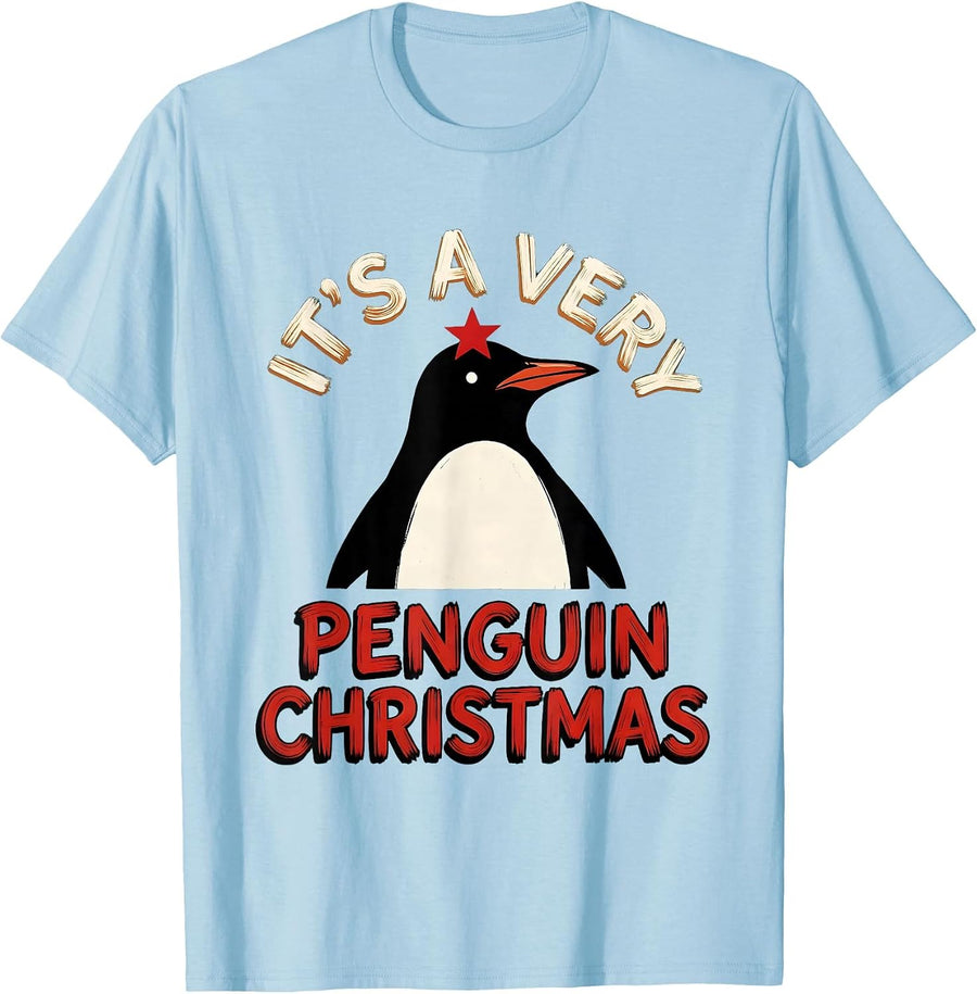 Men's It's A Very Penguin Christmas Funny Penguin Lover Holiday T-Shirt - Baby Blue