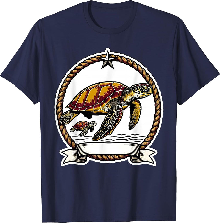Sea Turtle Tattoo Flash Ocean Animal Lover Vacation T-Shirt - Navy Blue
