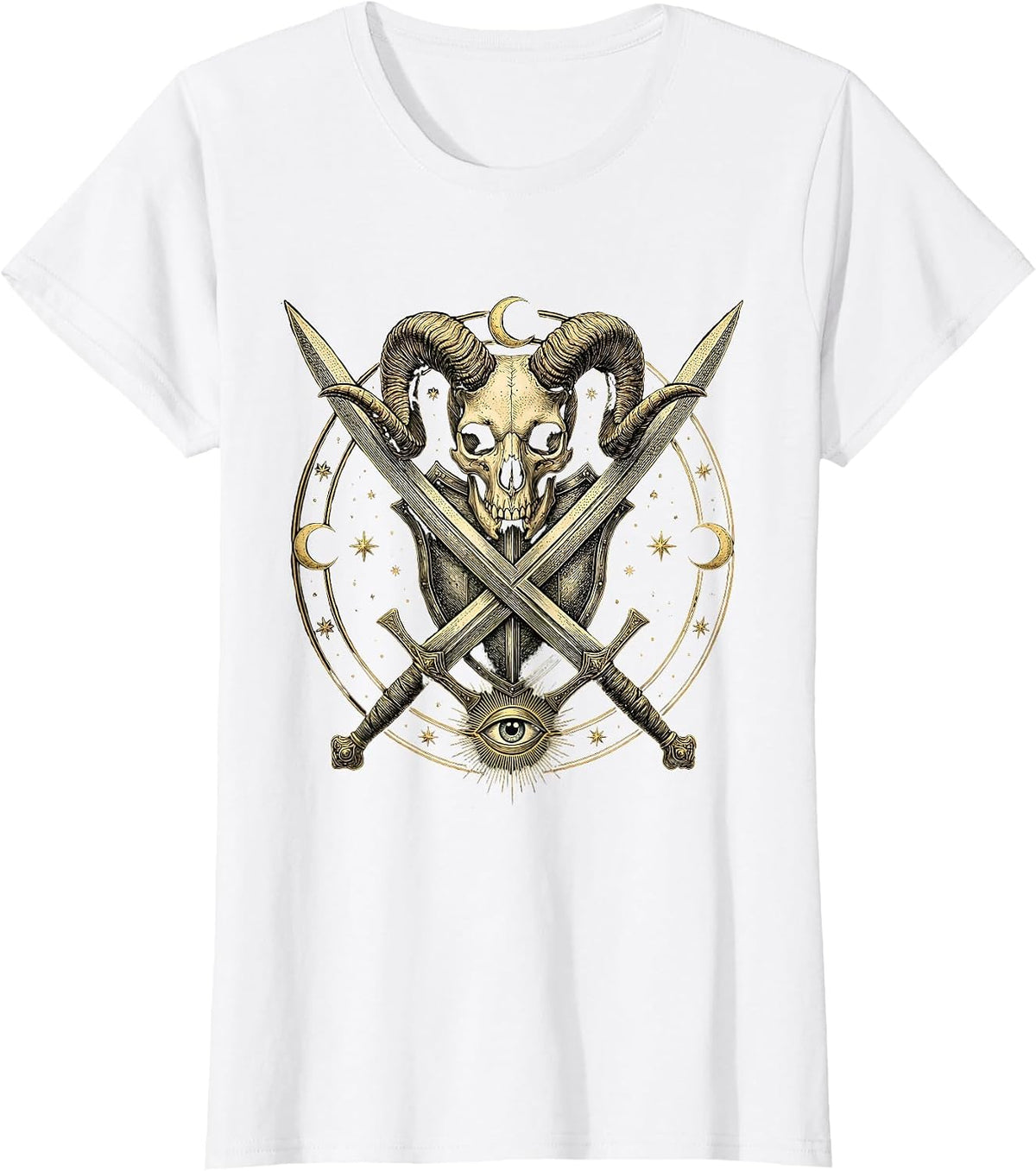 Crossed Swords Horned Demon Skull Metal Graphic T-Shirt - White