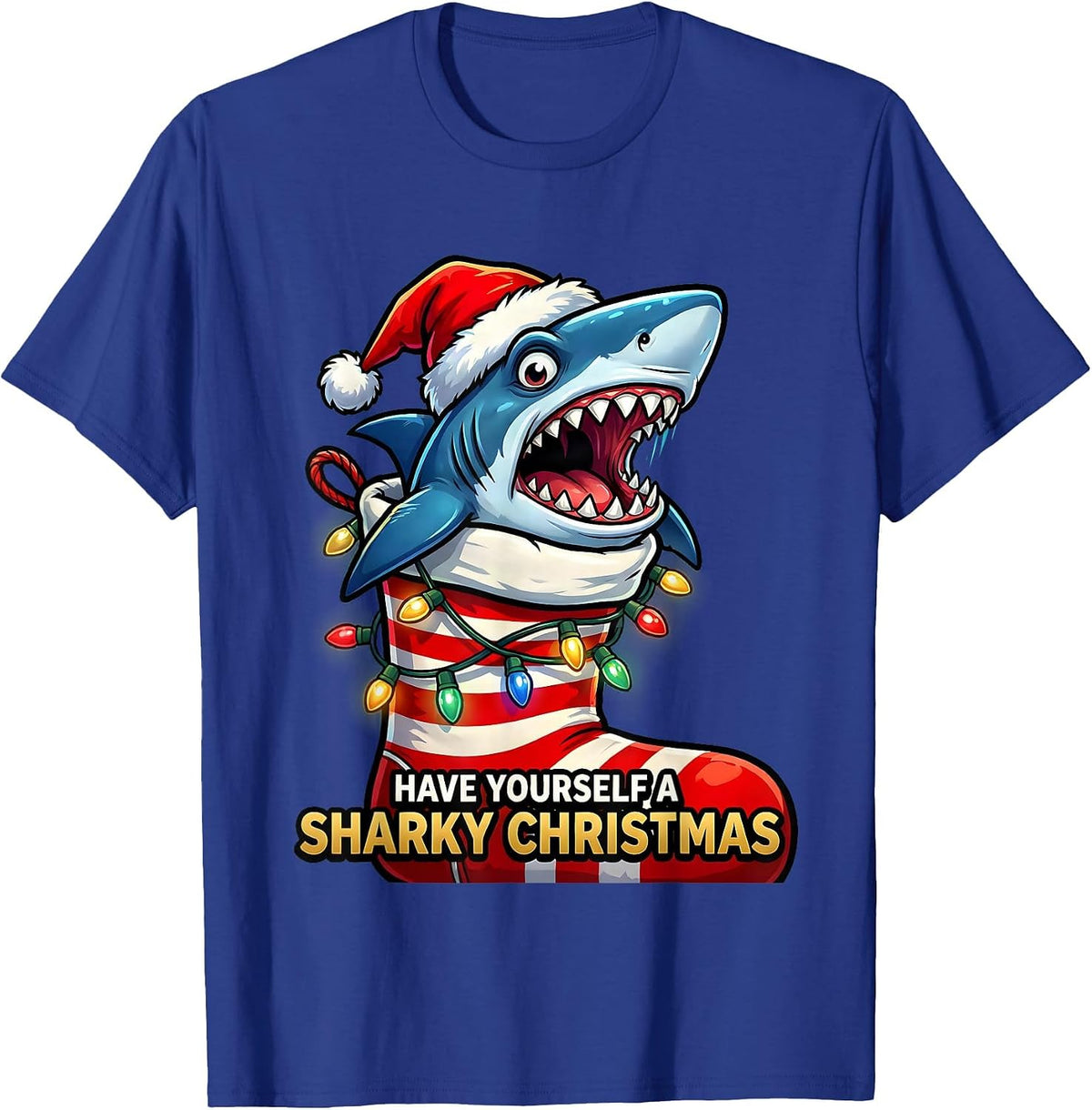Have Yourself A Sharky Christmas Funny Shark Santa Hat T-Shirt - Royal Blue