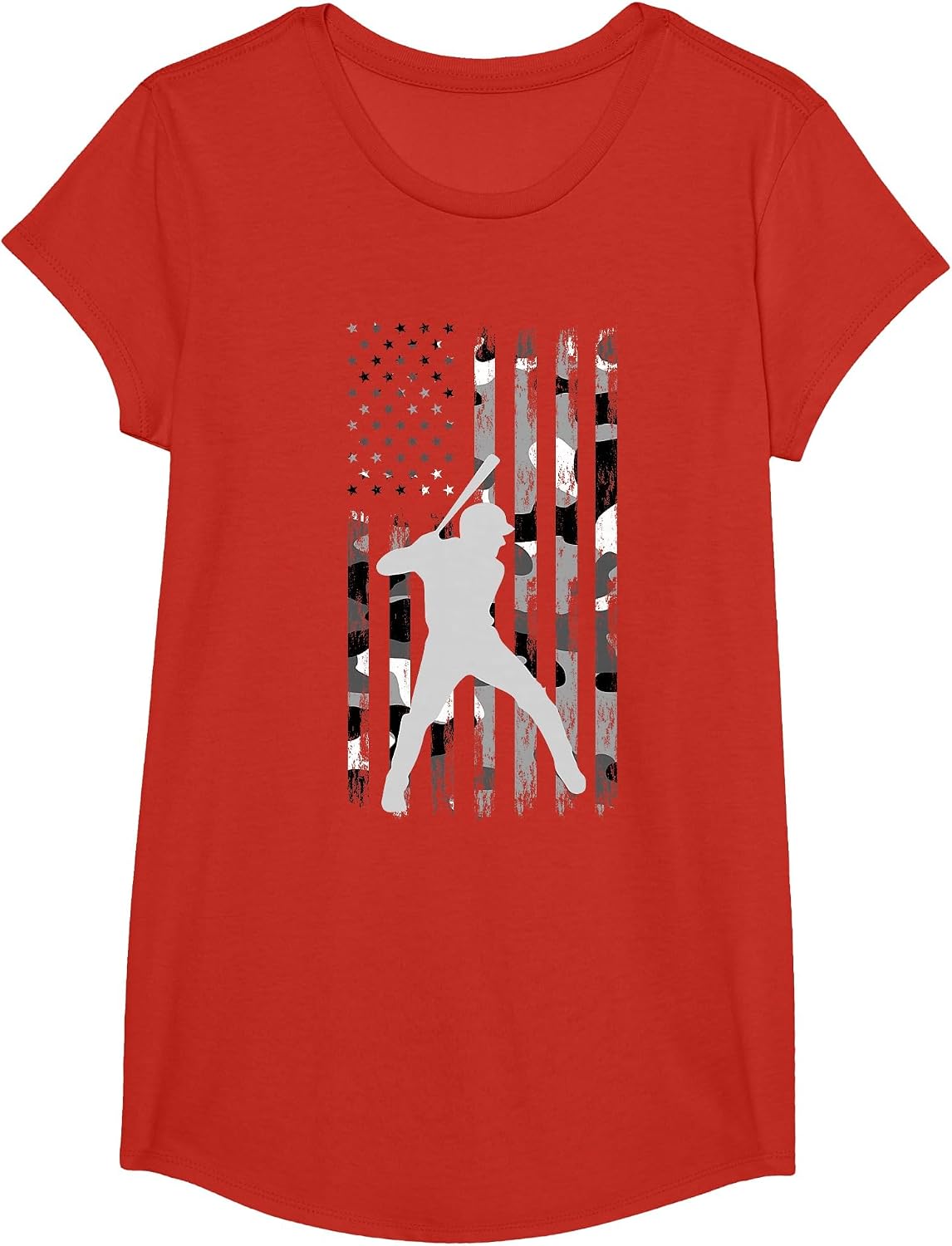 Baseball Player American Flag USA Camo Patriotic Graphic T-Shirt - Girls Red