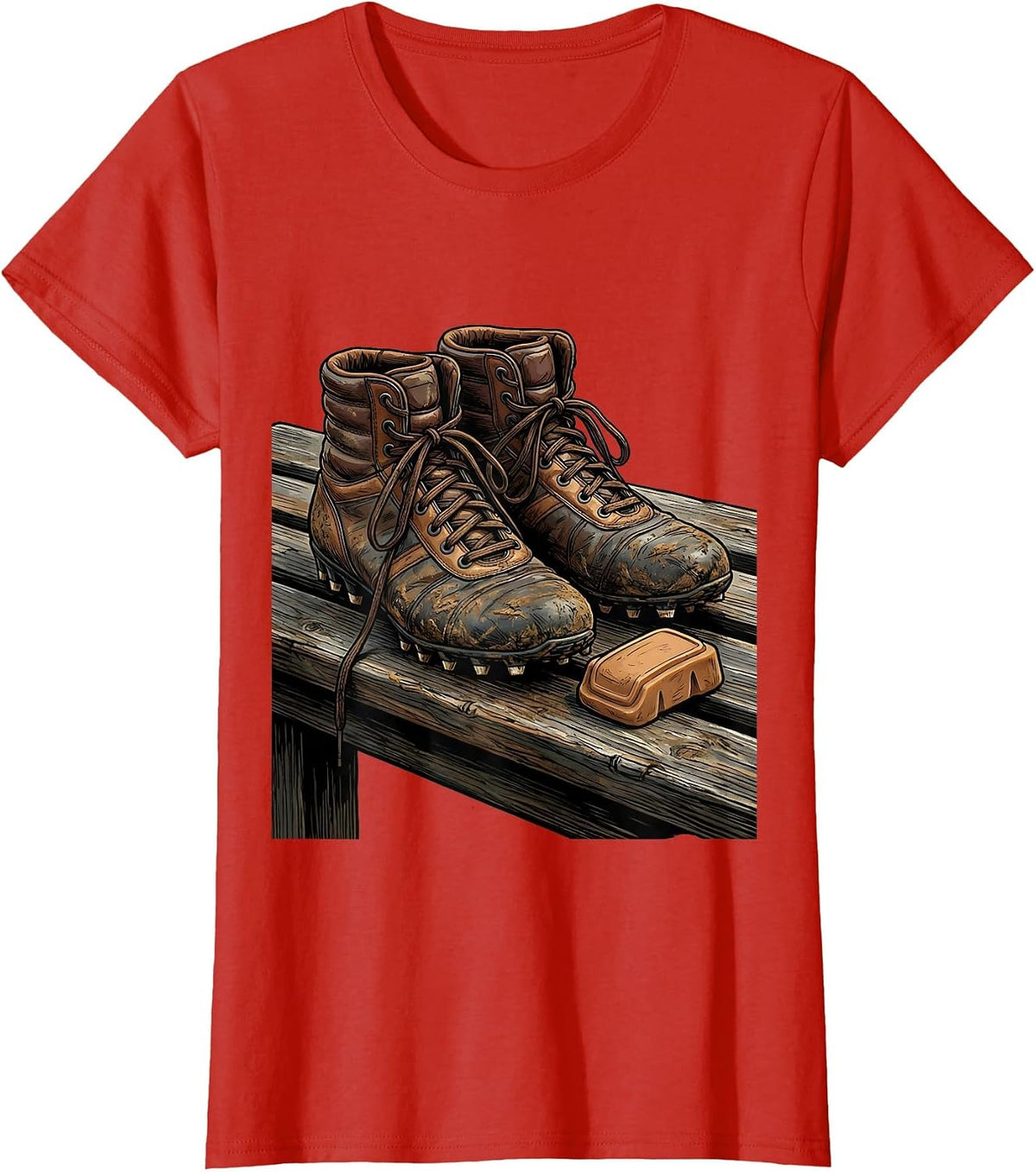 Rugby Boots and Gumshield Wooden Bench Illustration T-Shirt - Red